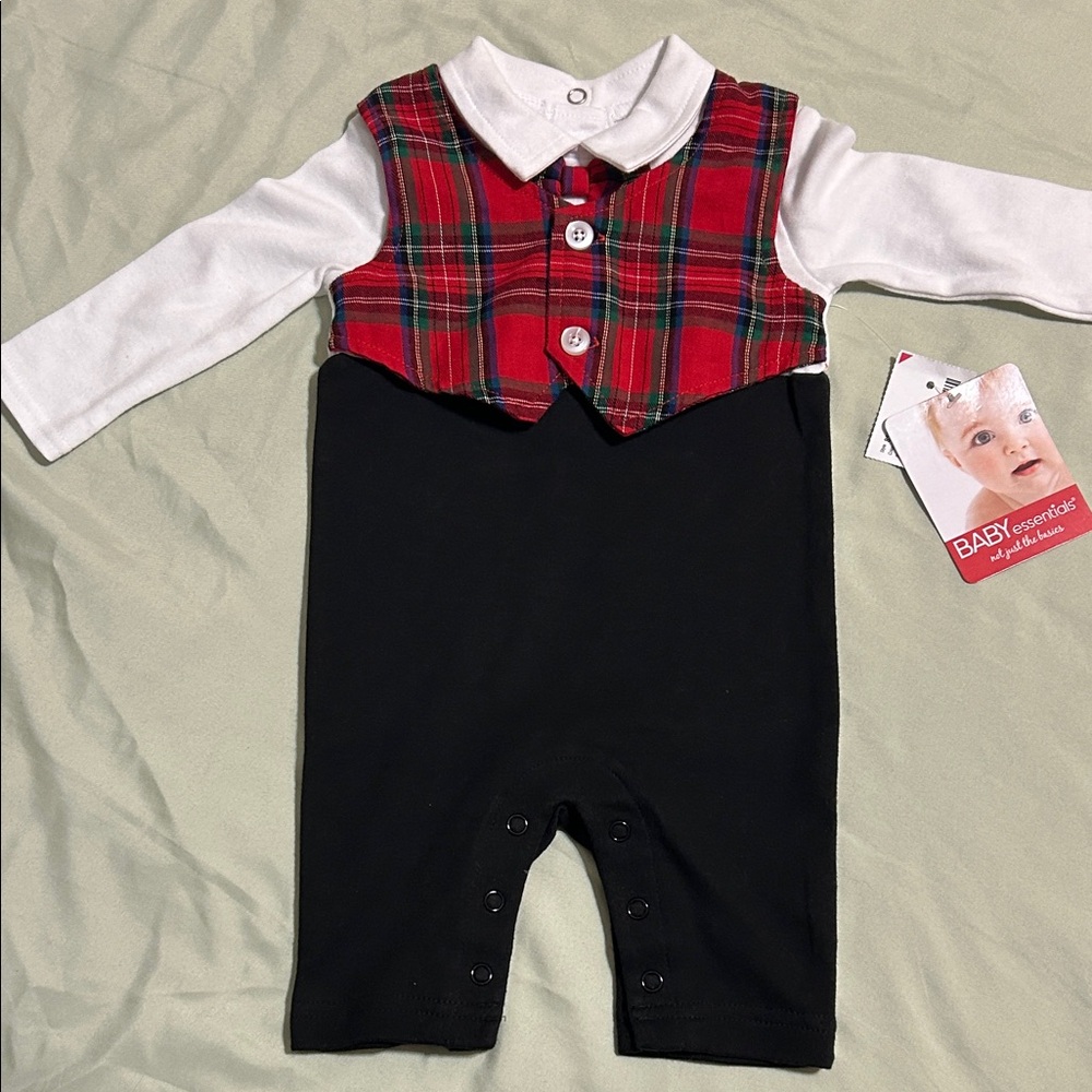 Baby Essentials Red Plaid Romper with White Collar Christmas 3mo baby boy